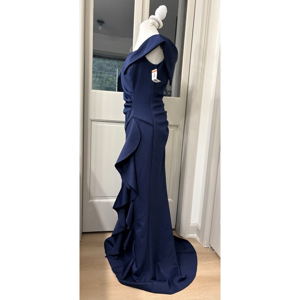 XSCAPE [ 12 ] Adriana Long Scuba Crepe Off Shoulder Gown in Navy
